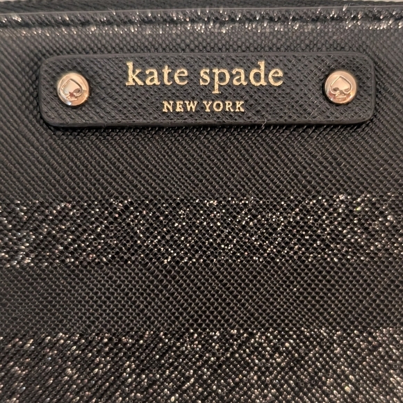 Kate Spade Large Leather Zippy Wallet Black w/Silver Glitter Stripes - Picture 2 of 7